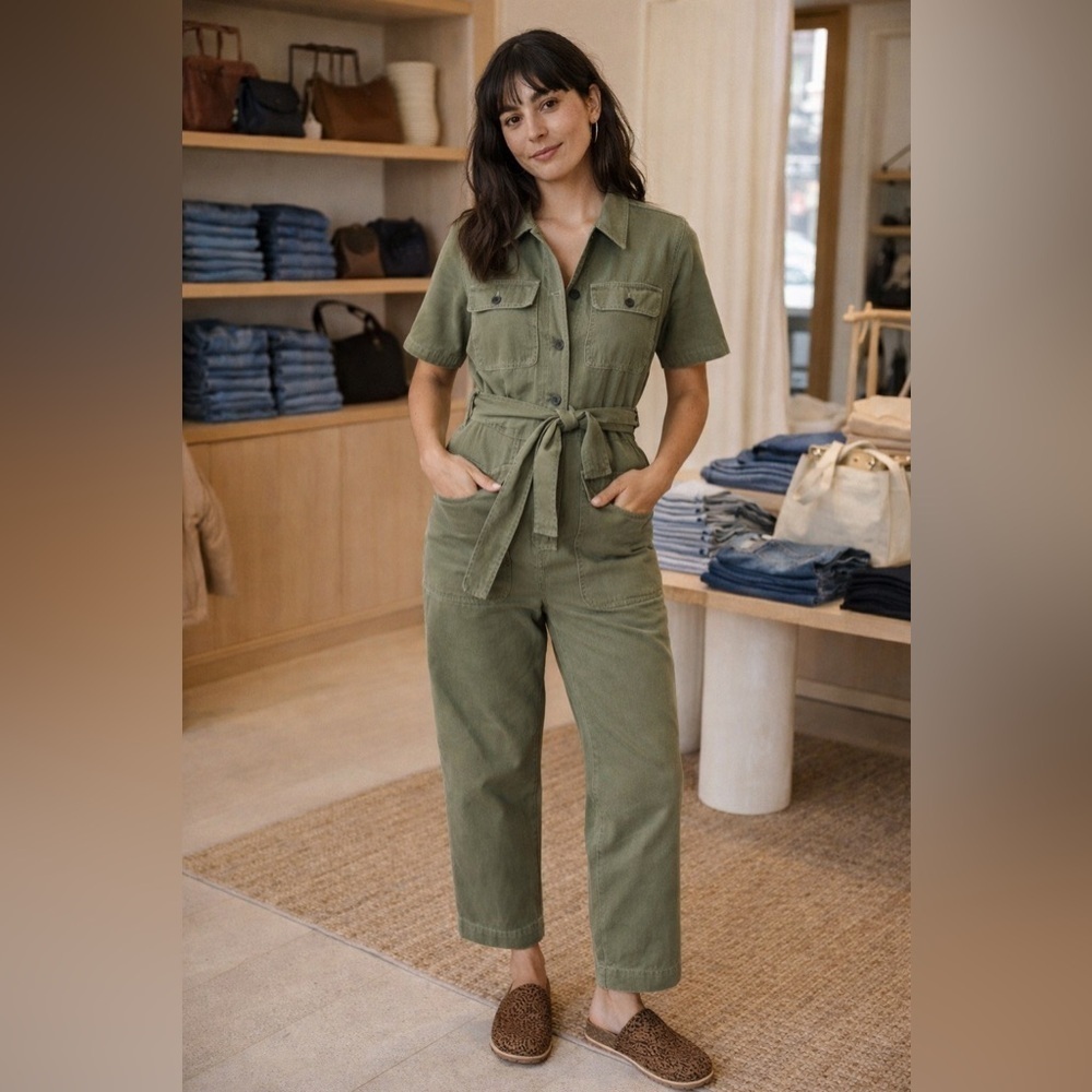 Madewell Womens Tie Waist Military Jumpsuit XS Olive Green Belted Utility Cotton